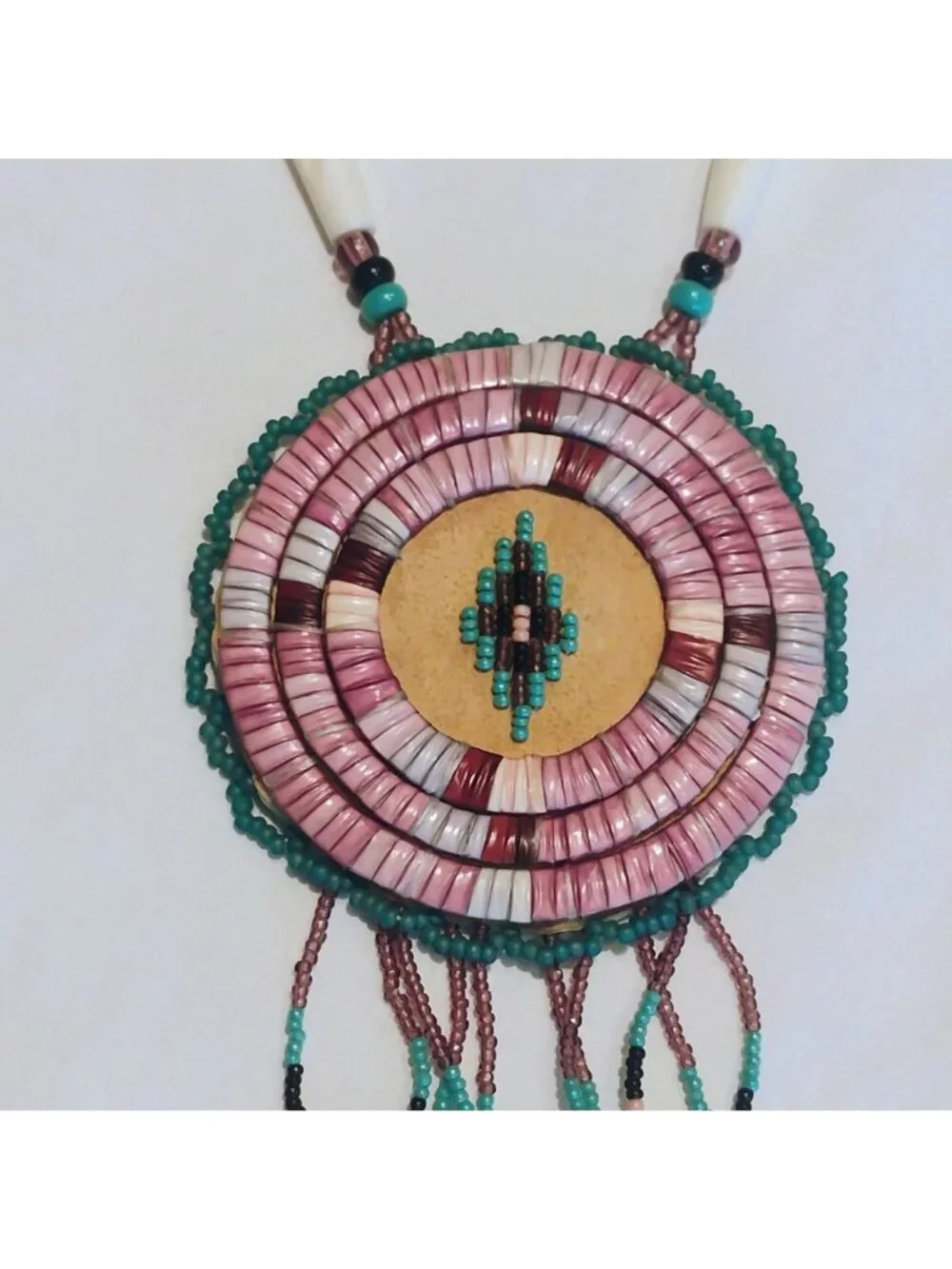 Vtg Native Wampum Bead Necklace Purple Spiny Oyster Shell on Leather - Picture 5 of 12